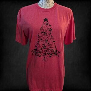 Merry Creepmas Gothic Christmas Tree Skull T-Shirt, Red Medium